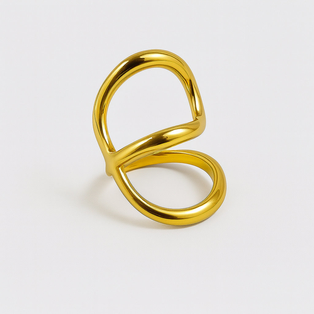 PaulaB 18k gold-plated stainless steel sculpted open curve ring - hero product image on neutral background 