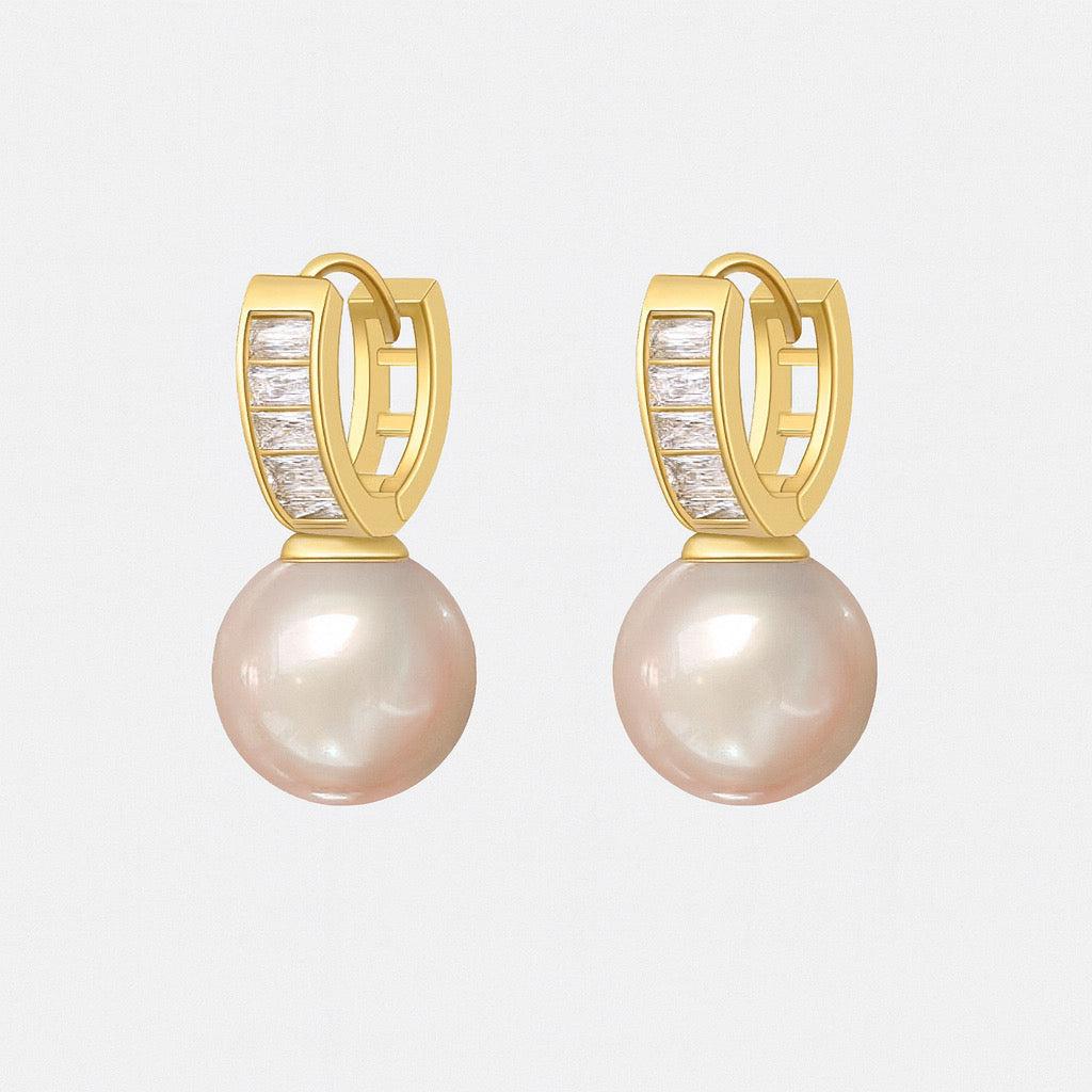18k gold plated imitation pearl drop earrings with zirconia accents - PaulaB Jewellery front view.