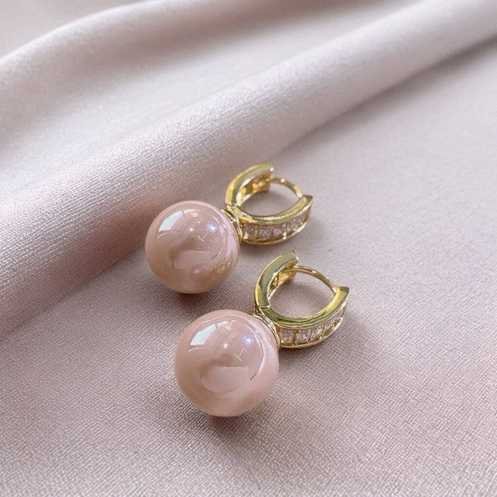 Elegant imitation pearl drop earrings 18k gold plated with zirconia - side angle by PaulaB Jewellery.