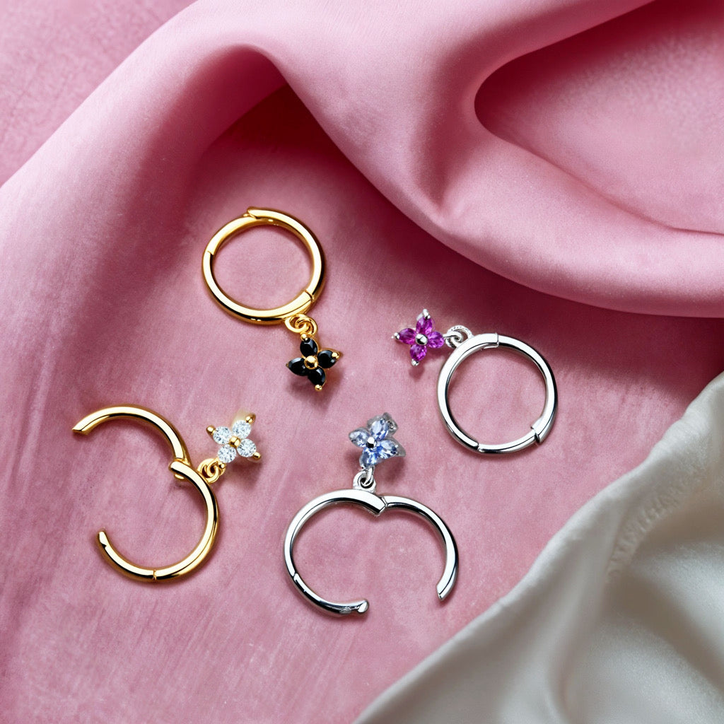 PaulaB 18k gold-plated sterling silver clover hoop earrings with black onyx stones - Sydney Australia.