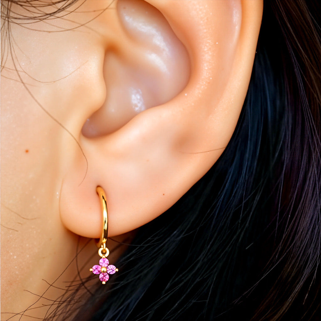 PaulaB 18k gold-plated sterling silver clover hoop earrings with ruby red stones - Sydney jewellery.