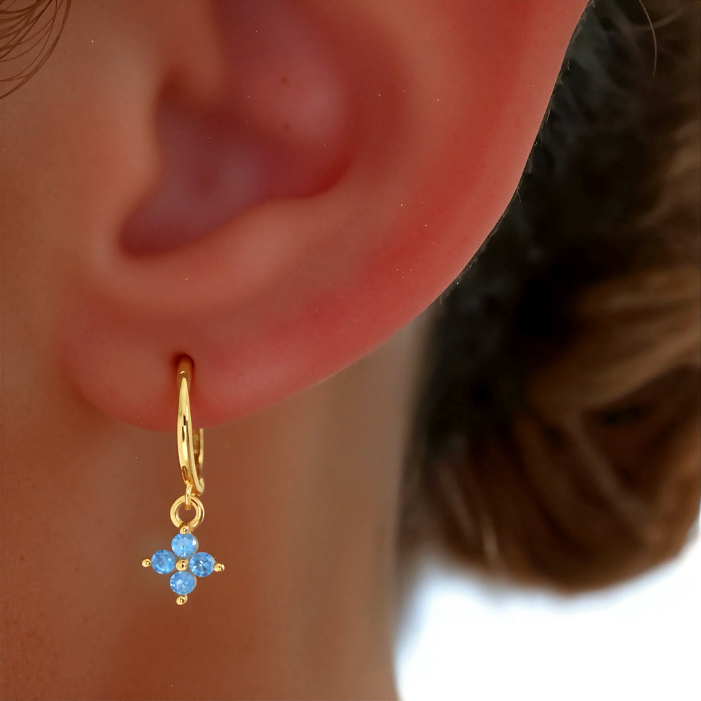 PaulaB 18K gold-plated sterling silver clover hoop earrings with turquoise blue stones - Sydney Australia.