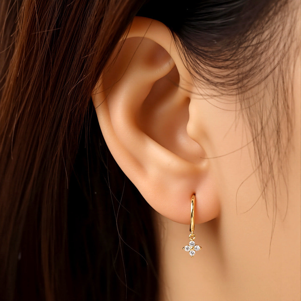 PaulaB 18k gold-plated sterling silver clover hoop earrings with white crystal stones - Sydney Australia jewellery.