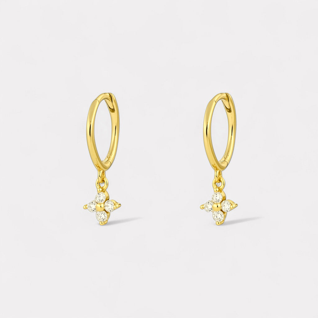 PaulaB 18k gold-plated sterling silver clover hoop earrings with white crystal stones - Sydney Australia Jewellery.