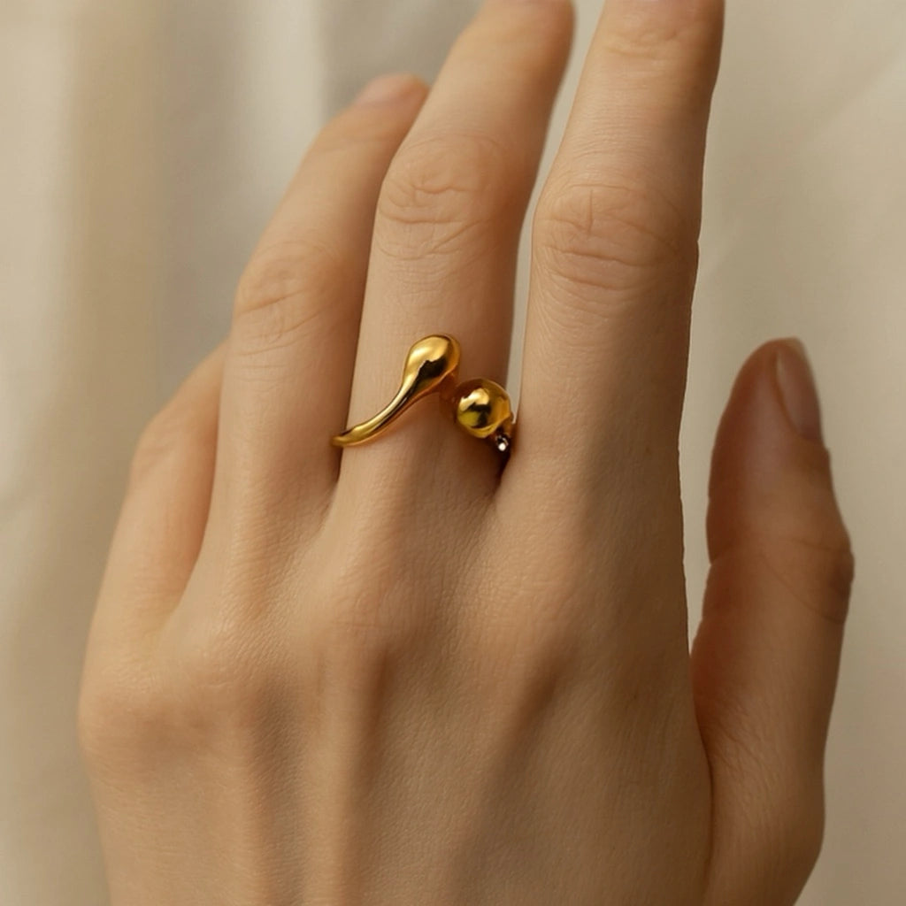 Close-up of PaulaB 18k Gold Teardrop Open Ring - luxury 316L stainless steel ring with 18k gold plating, open teardrop design, available in Australia & New Zealand. 