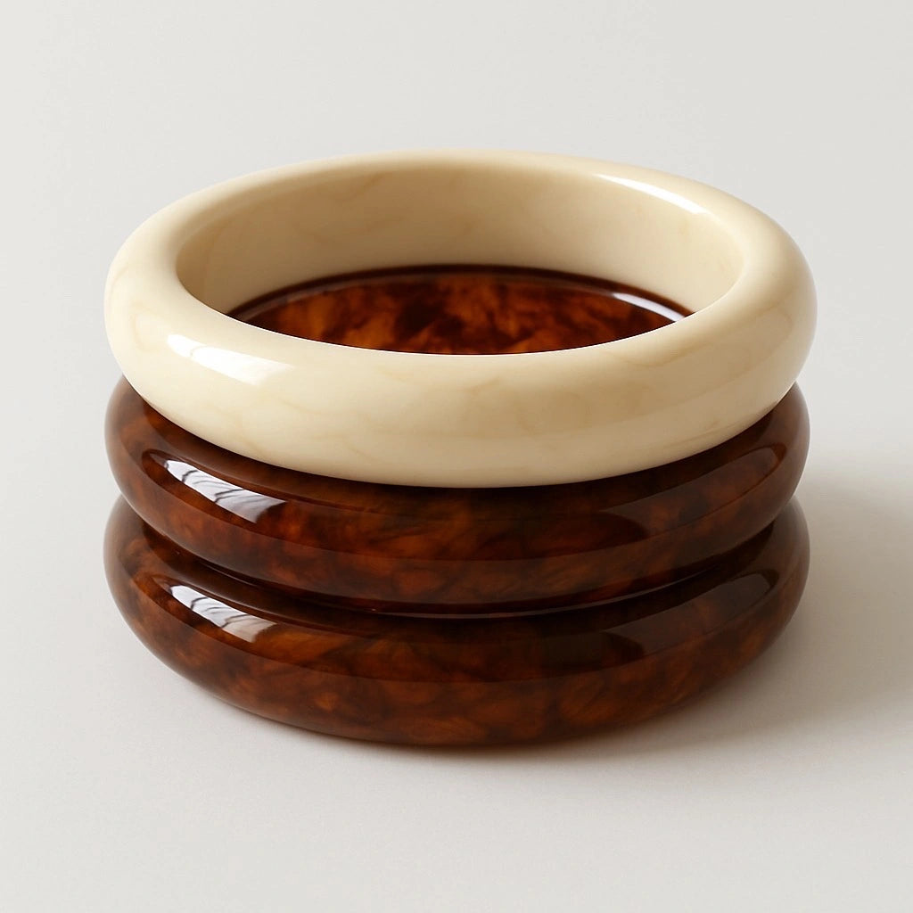 PaulaB 3-piece resin bangle set in brown and cream, luxury stacked glossy bangles for women, fashion jewellery with fast shipping to Australia, New Zealand and UK.