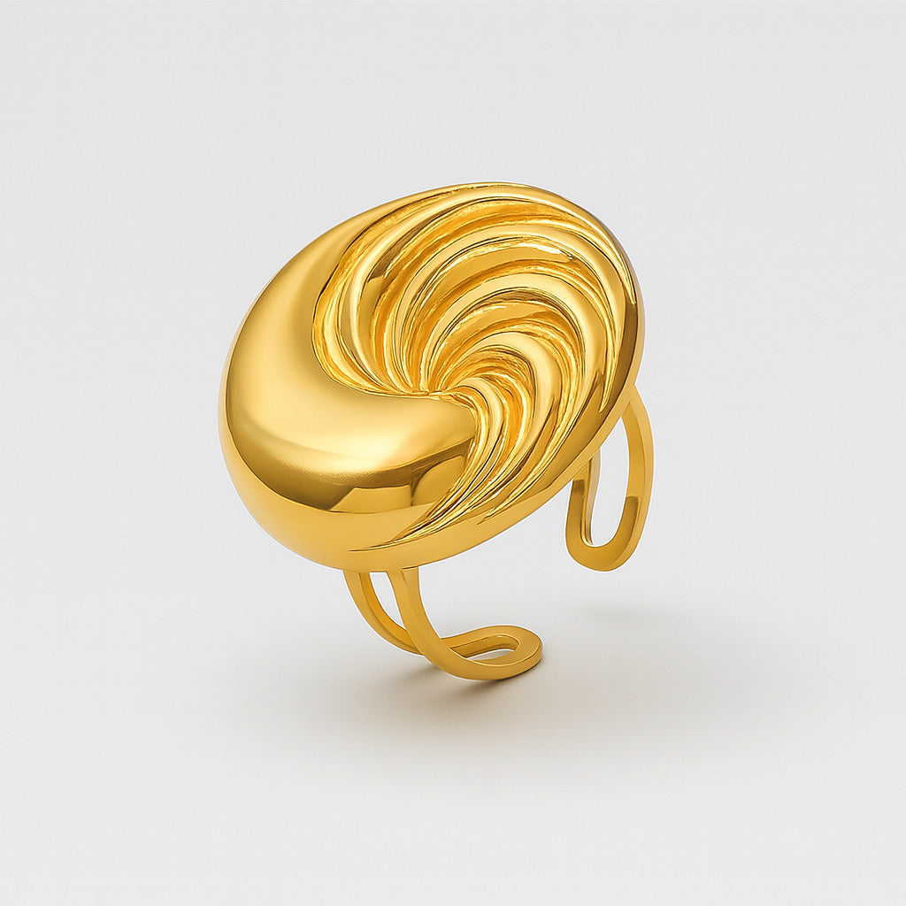 Aurelia Swirl Ring in 18k gold plating - statement adjustable ring photographed in studio for PaulaB Jewllery & Accessories, Sydney Australia.