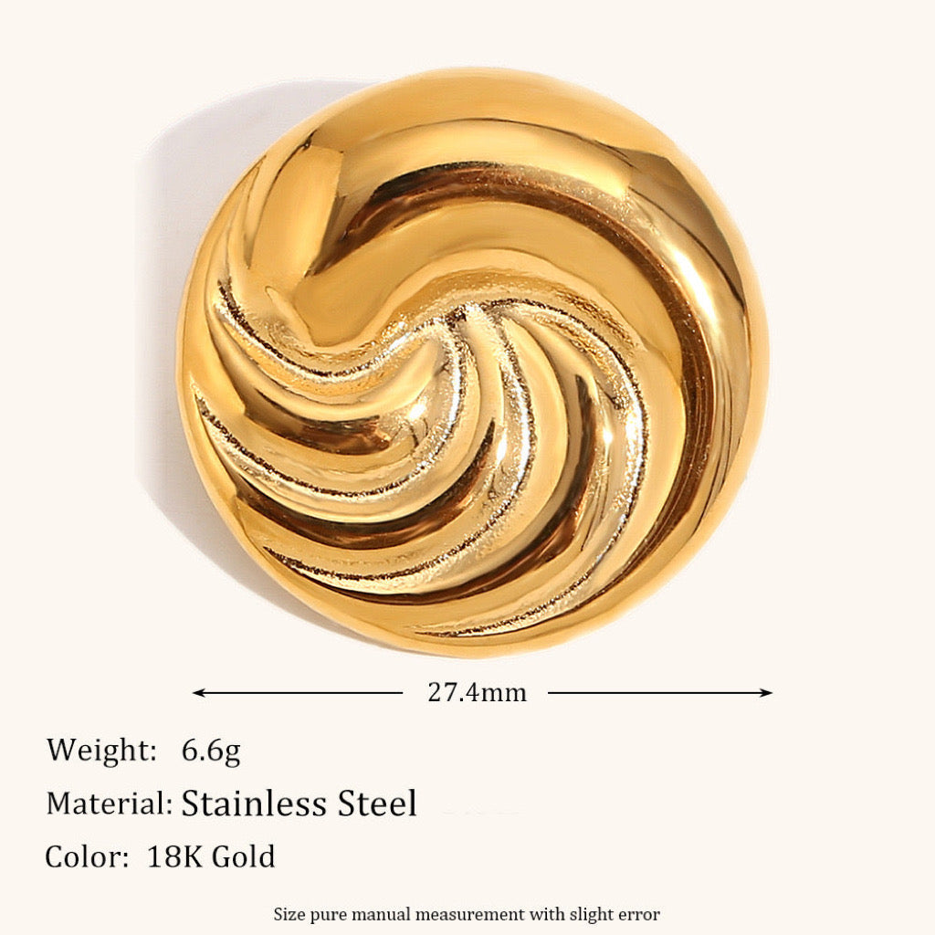 Aurelia Swirl Ring size chart showing 27.4mm diameter, 6.6g weight, 18k gold-plated stainless steel.