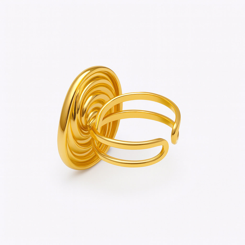 Aurelia Swirl Ring in 18k gold plating, side view showing elegant double band design.