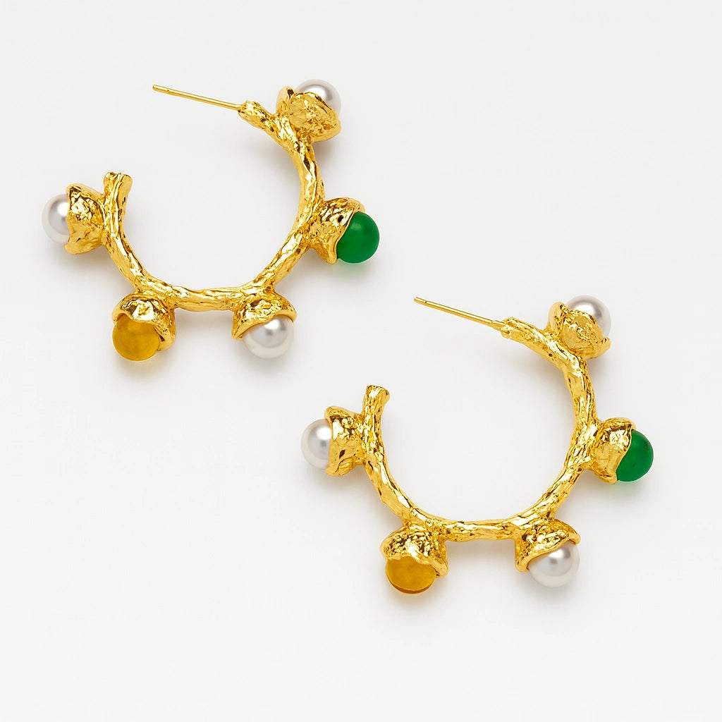 Aurora Gemstone Hoop Earrings by PaulaB Jewellery 18k gold plated hoops with freshwater pearls and green & amber gemstones. Luxury fashion earrings with fast shipping in Australia, New Zealand & the UK. 