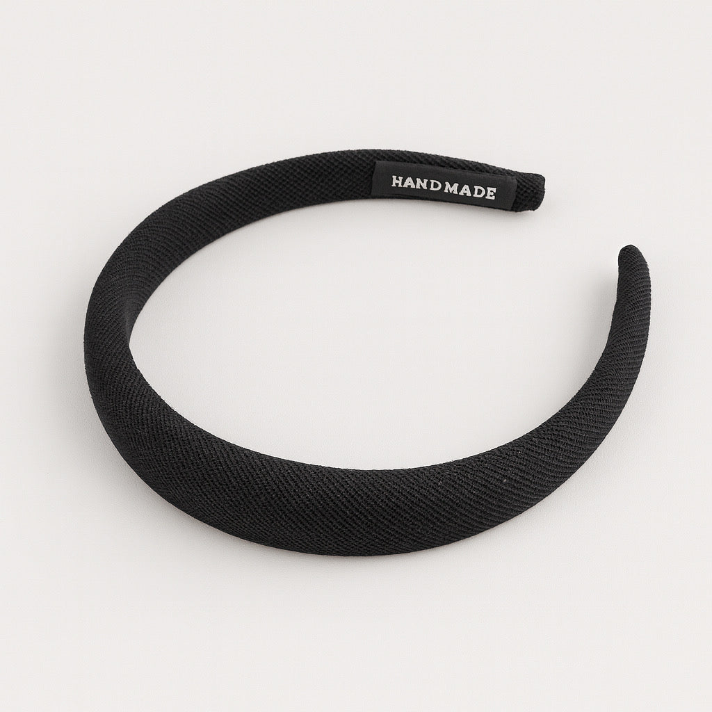 PaulaB black fabric headband front view handmade textured design, minimalist fashion accessory.