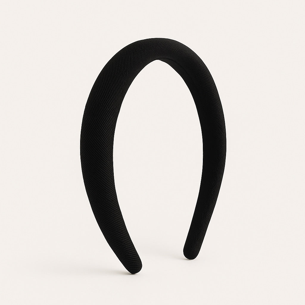 PaulaB black headband side angle view chic handmade fashion hair accessory in matte black finish.