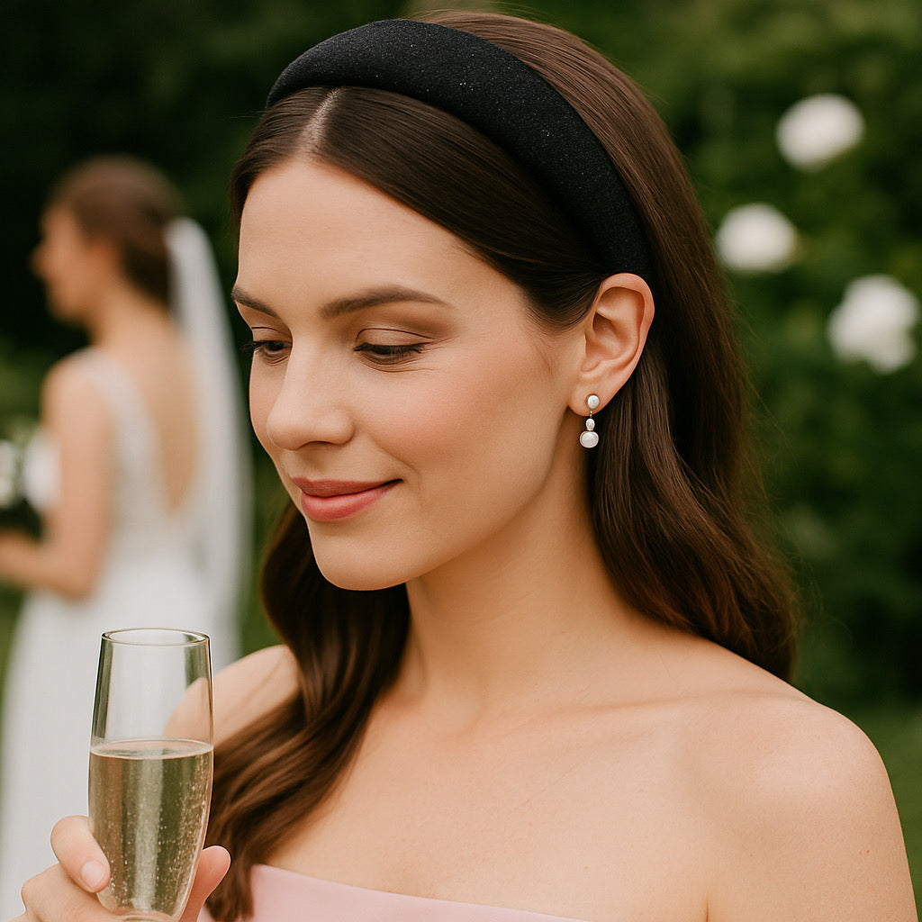 PaulaB Black Sparkle Headband for weddings and bridal parties, stylish glitter crown accessory for Sydney and NZ celebrations.