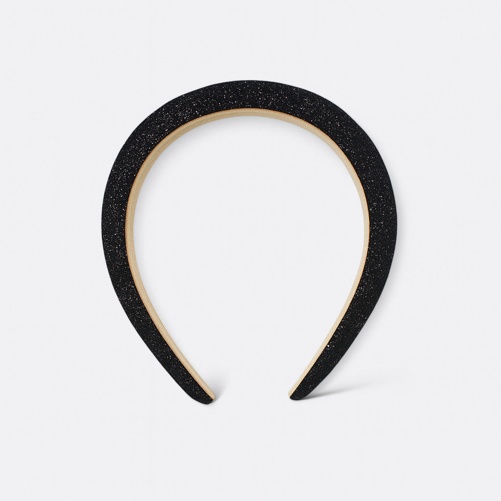 Front view of PaulaB Black Sparkle Crown Headband, chic glitter hair accessory for parties, weddings and Sydney events.