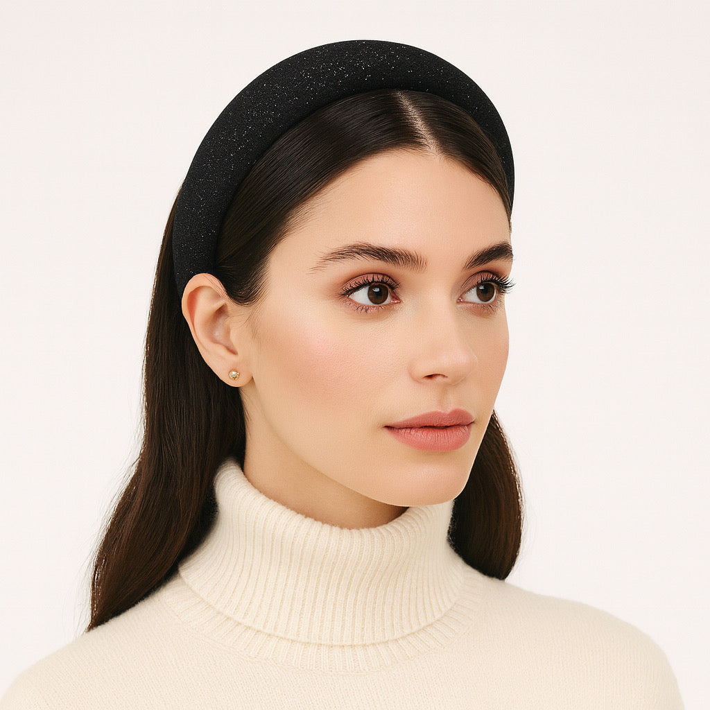 Model wearing PaulaB Black Sparkle Headband, elegant, padded glitter crown for everyday chic and bridal occasions.