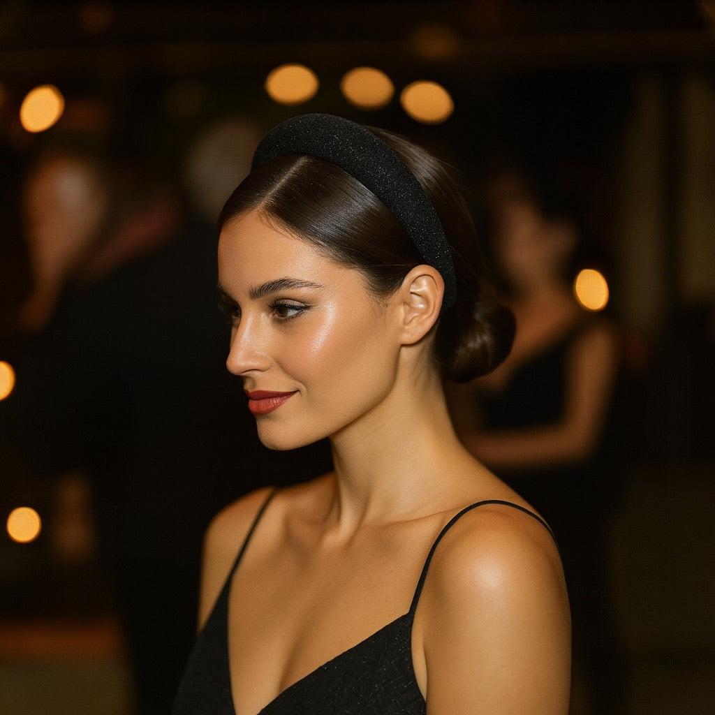 Elegant woman wearing PaulaB Black Sparkle Glitter Headband, perfect accessory for parties, events and evening fashion in Australia.