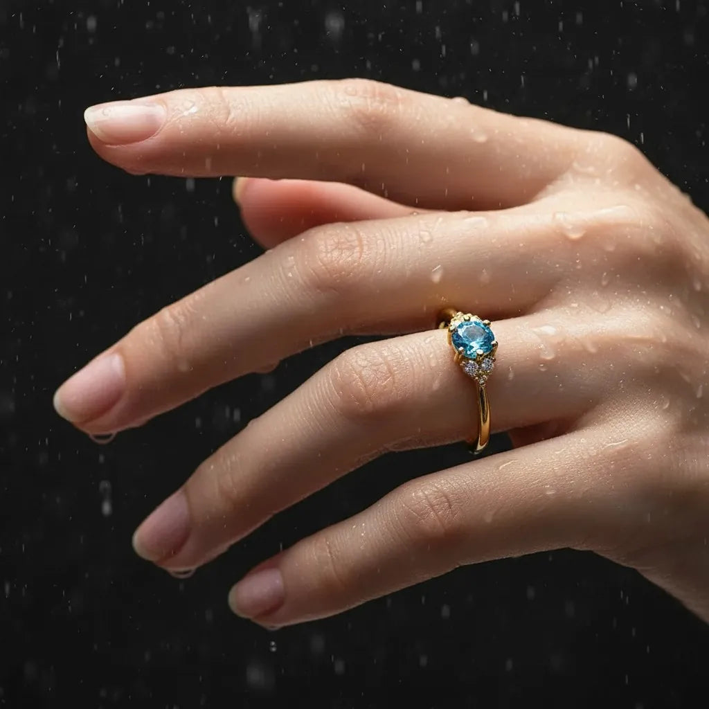 Gold ring with blue gemstone in water-droplet dramatic lifestyle scene- PaulaB Jewellery.