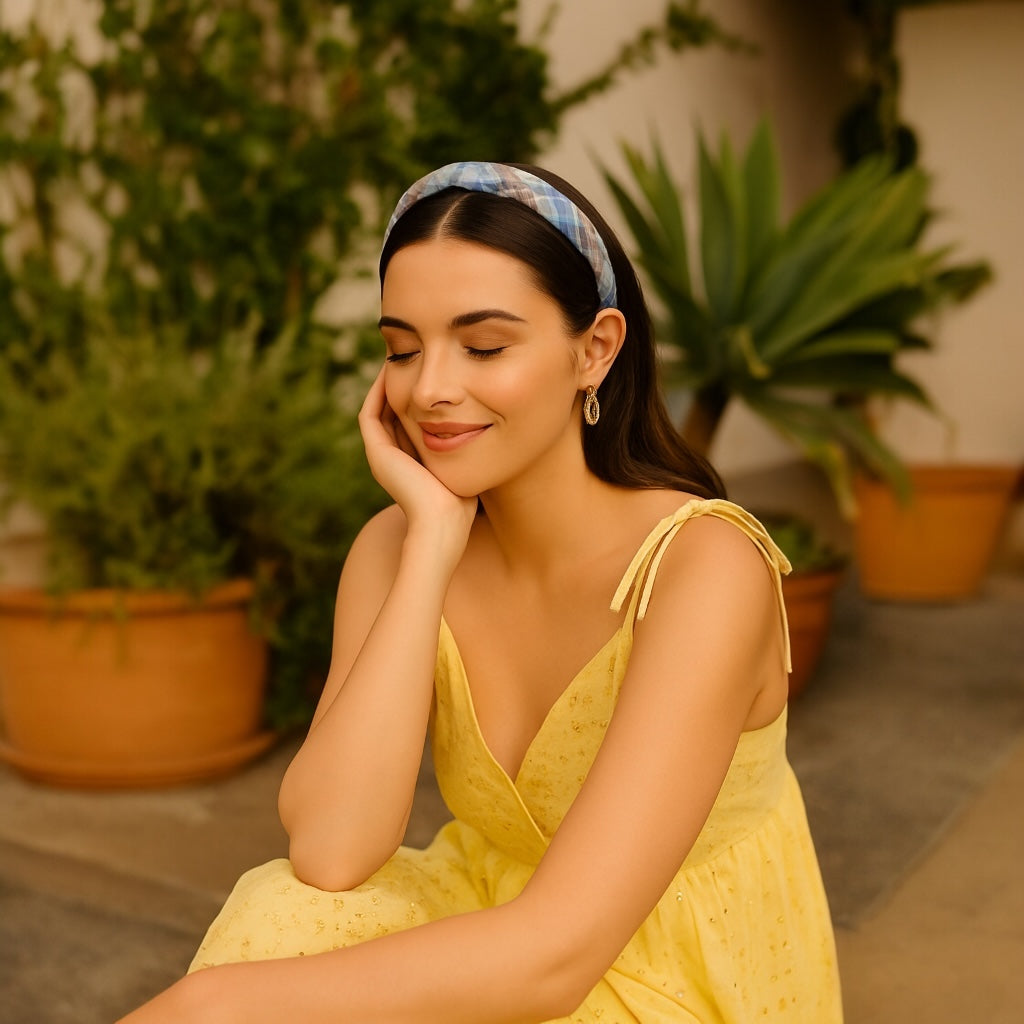 Relaxed holiday outfit with PaulaB blue plaid headband