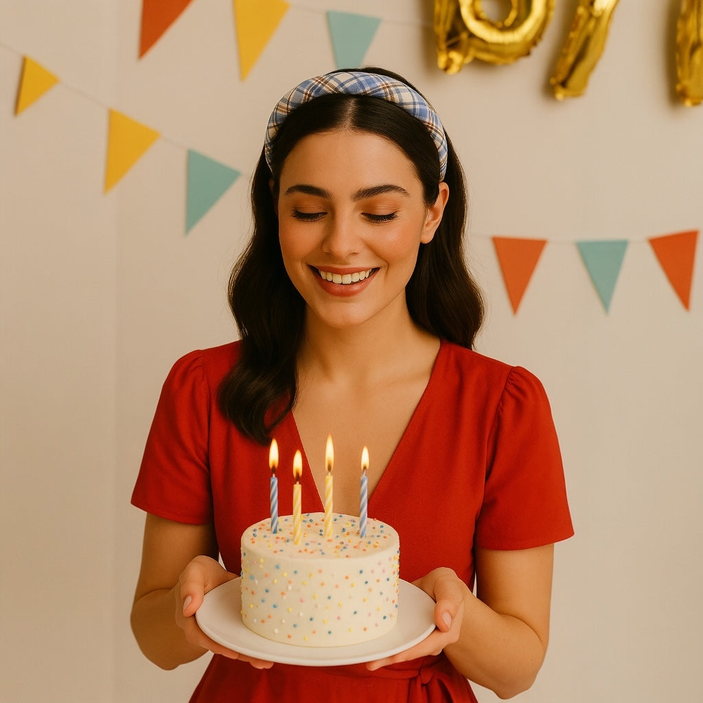 PaulaB blue plaid headband birthday look, elegant women's accessory