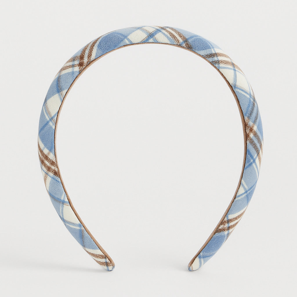 PaulaB blue plaid headband, front display, medium cushion polyester