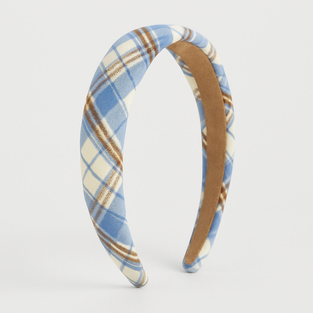 Side view of PaulaB blue plaid cushioned headband in high quality polyester
