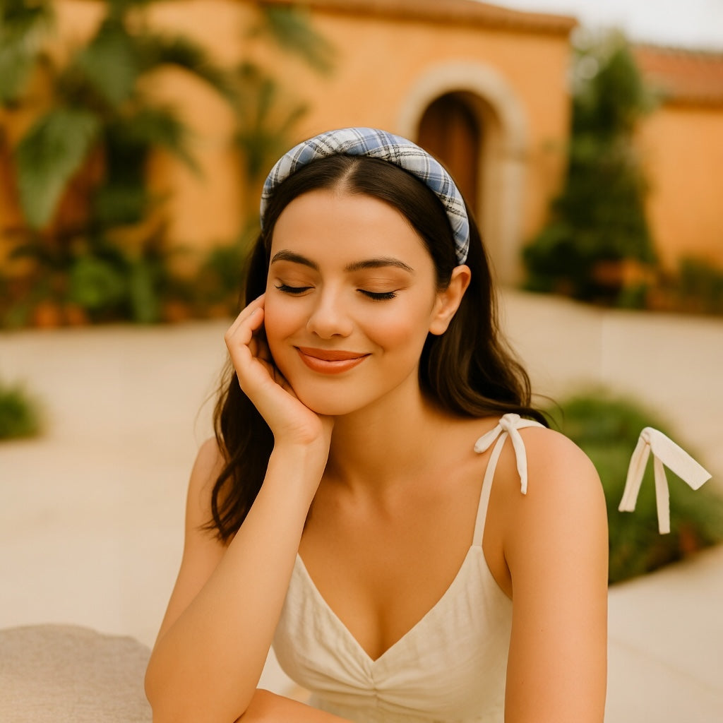 Summer chic look with PaulaB blue plaid cushioned headband