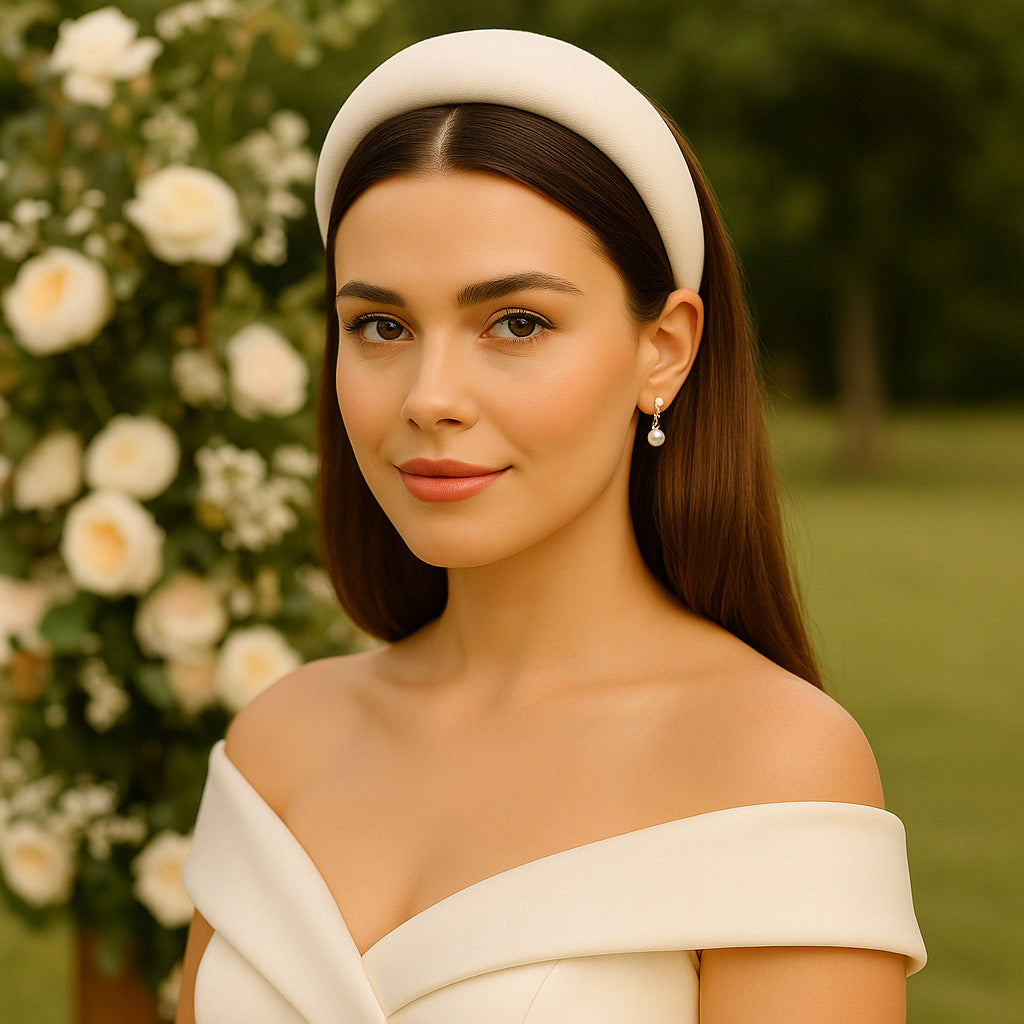 Bridesmaid model outdoors in ivory PaulaB vegan leather headband cushioned design.