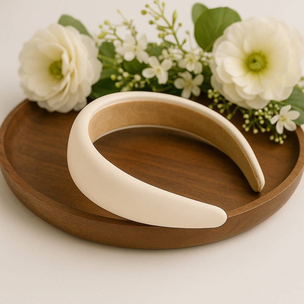Cream bridesmaid headband displayed with white flowers on wooden tray, PaulaB wedding accessory.