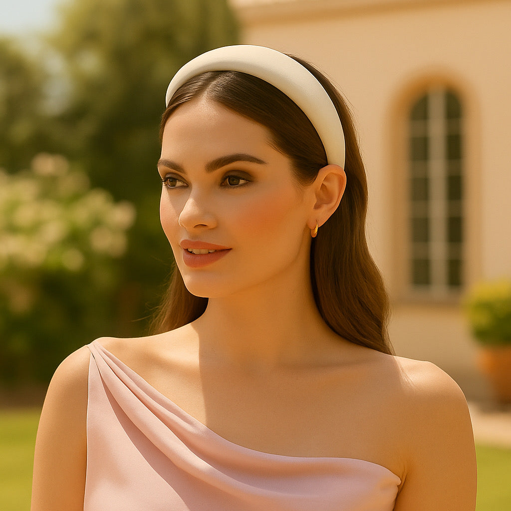 Bridesmaid photoshoot featuring PaulaB ivory vegan leather padded headband, elegant design.