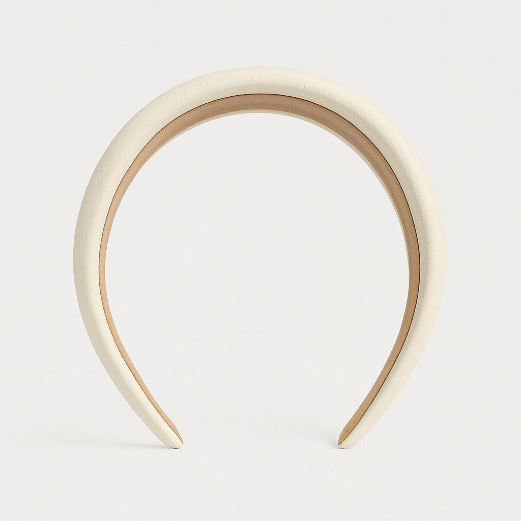 PaulaB ivory bridesmaid headband made of vegan PU leather, soft cushion front angle.