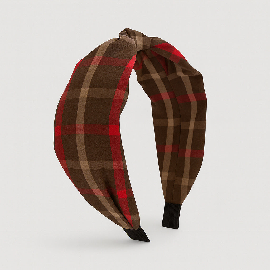 PaulaB brown and red plaid knot headband front product view on neutral background.