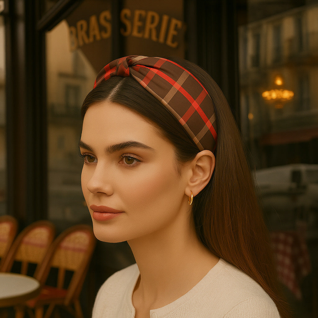 Model wearing PaulaB brown and red plaid headband in Paris Cafe Street style.