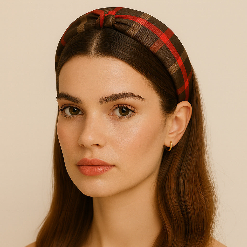 Closeup portrait of model wearing PaulaB red and brown checkered knot headband.