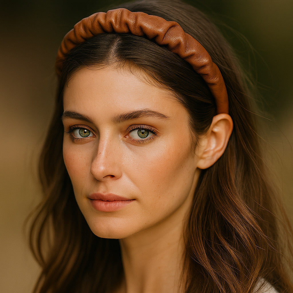 close-up of a women wearing PaulaB brown ruched PU leather headband., elegant fashion accessory.
