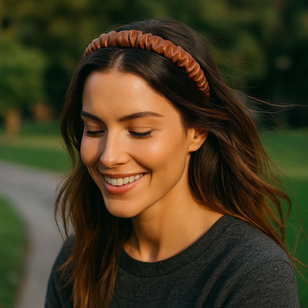 Model smiling outdoors wearing PaulaB brown faux leather ruched headband in casual chic style.