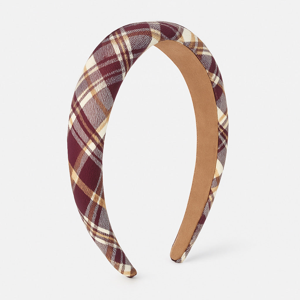 Side angle of PaulaB burgundy plaid polyester cushioned headband