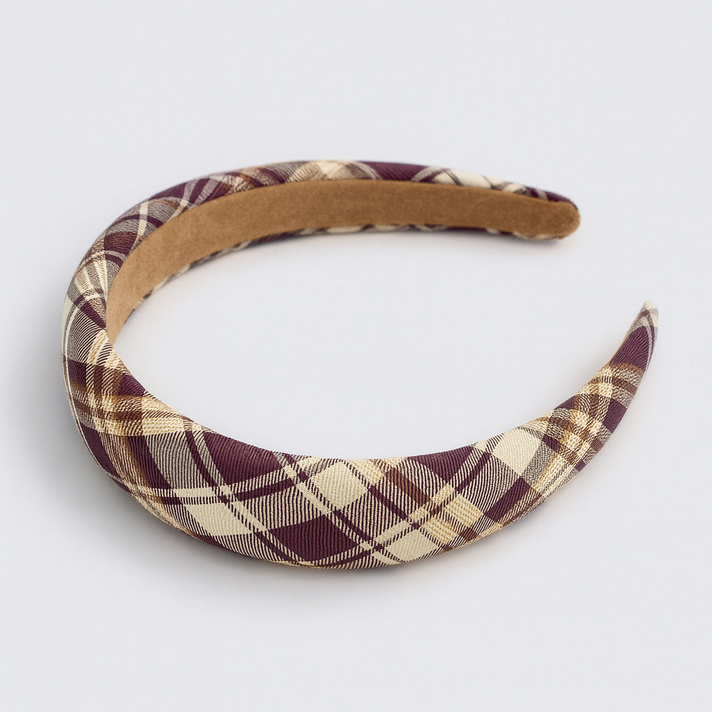 Flat lay PaulaB burgundy plaid padded headband on neutral background