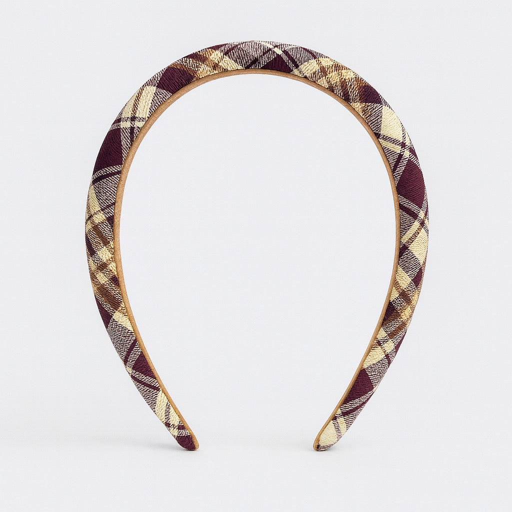 PaulaB burgundy plaid headband, front facing padded design