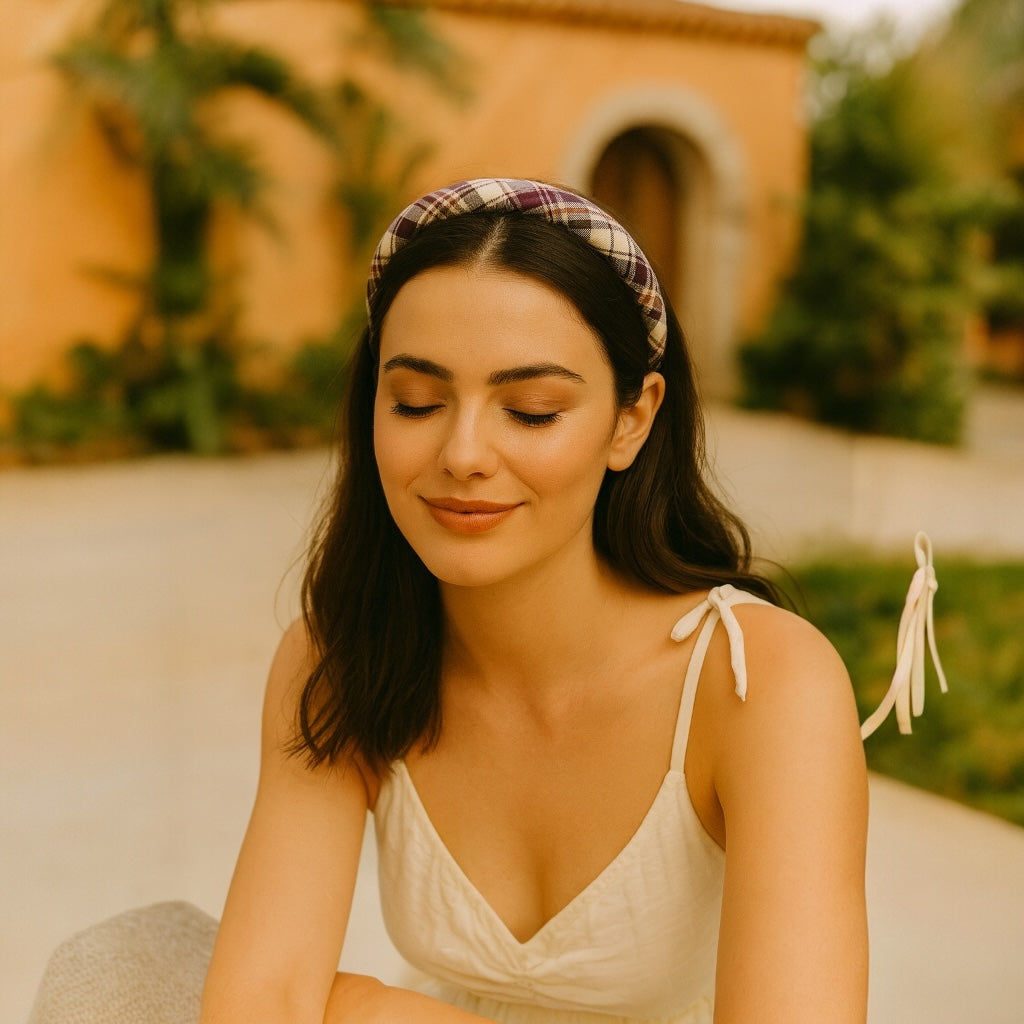 Holiday chic style with PaulaB burgundy plaid headband