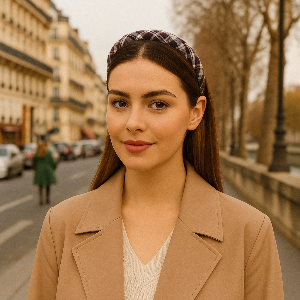 Paris street fashion look with PaulaB burgundy plaid headband