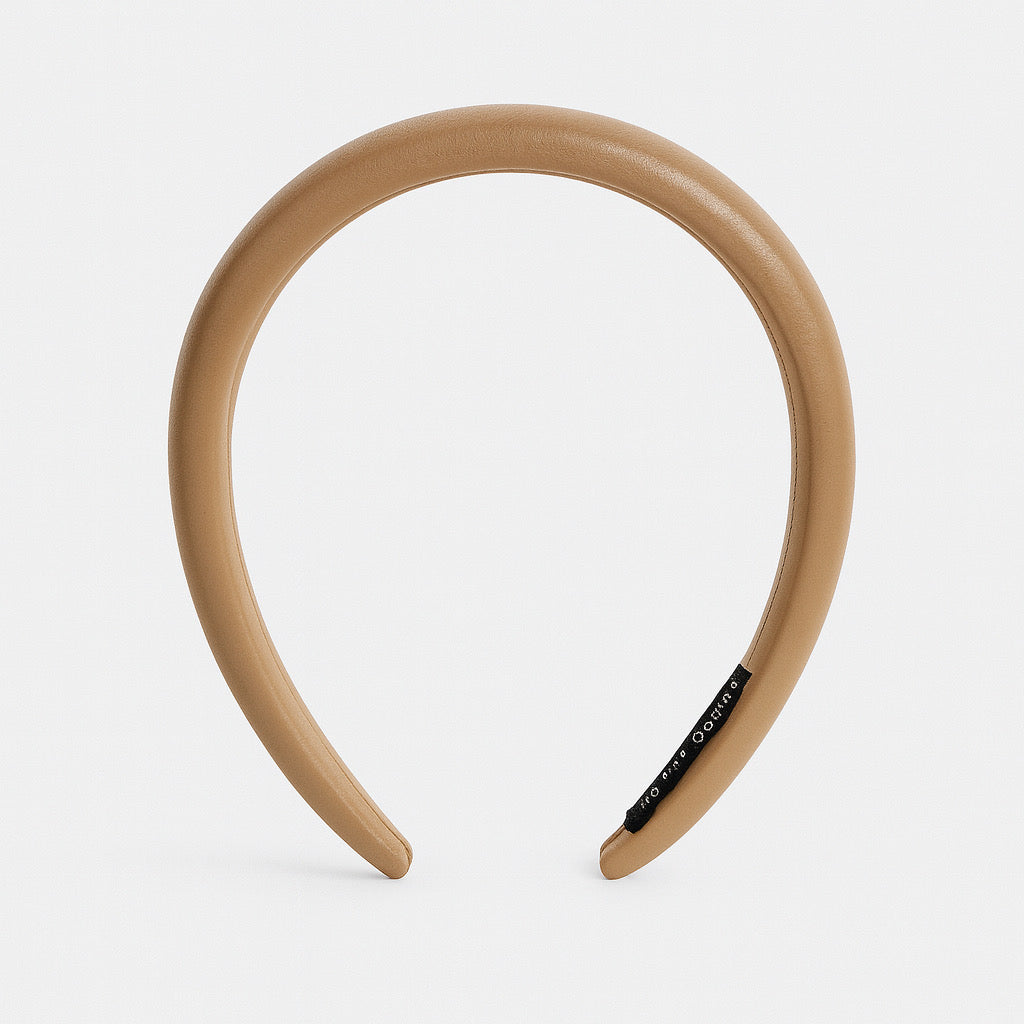 PaulaB camel beige PU leather padded headband overhead product photo.