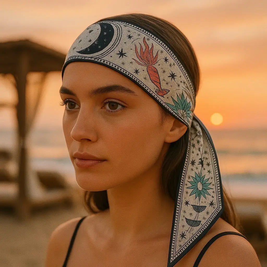 PaulaB celestial multi Twilley hair tie styled as headband, lightweight polyester scarf 6cm x 96cm worn at sunset beach.