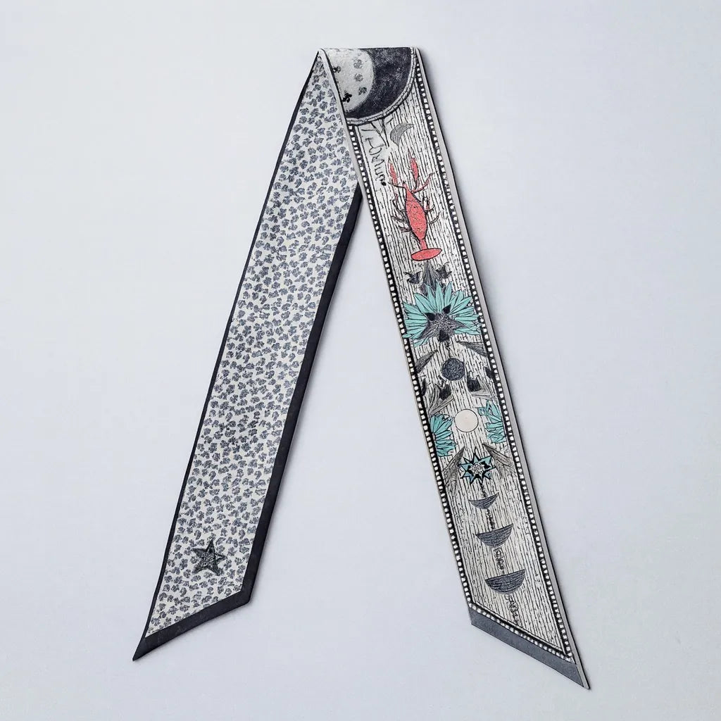 PaulaB celestial multi Twilley hair and neck-tie scarf, luxury polyester scarf accessory Australia New Zealand UK.