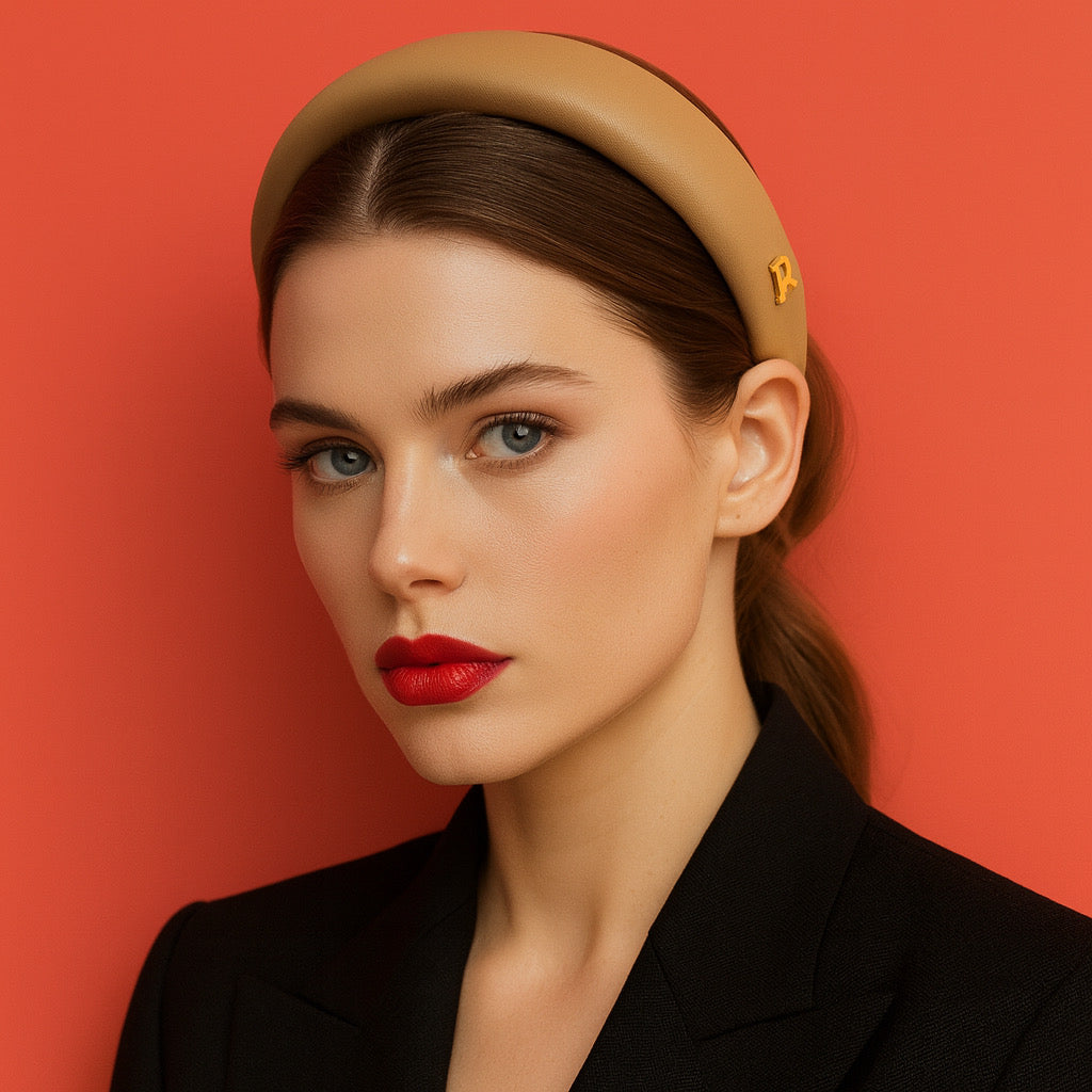PaulaB PU leather padded headband in champagne beige styled on model with sleek hair.