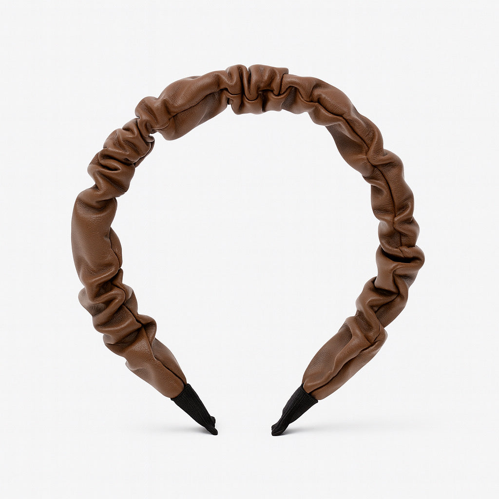 Front view of PaulaB Chocolate Brown faux leather ruched headband fashion accessory.