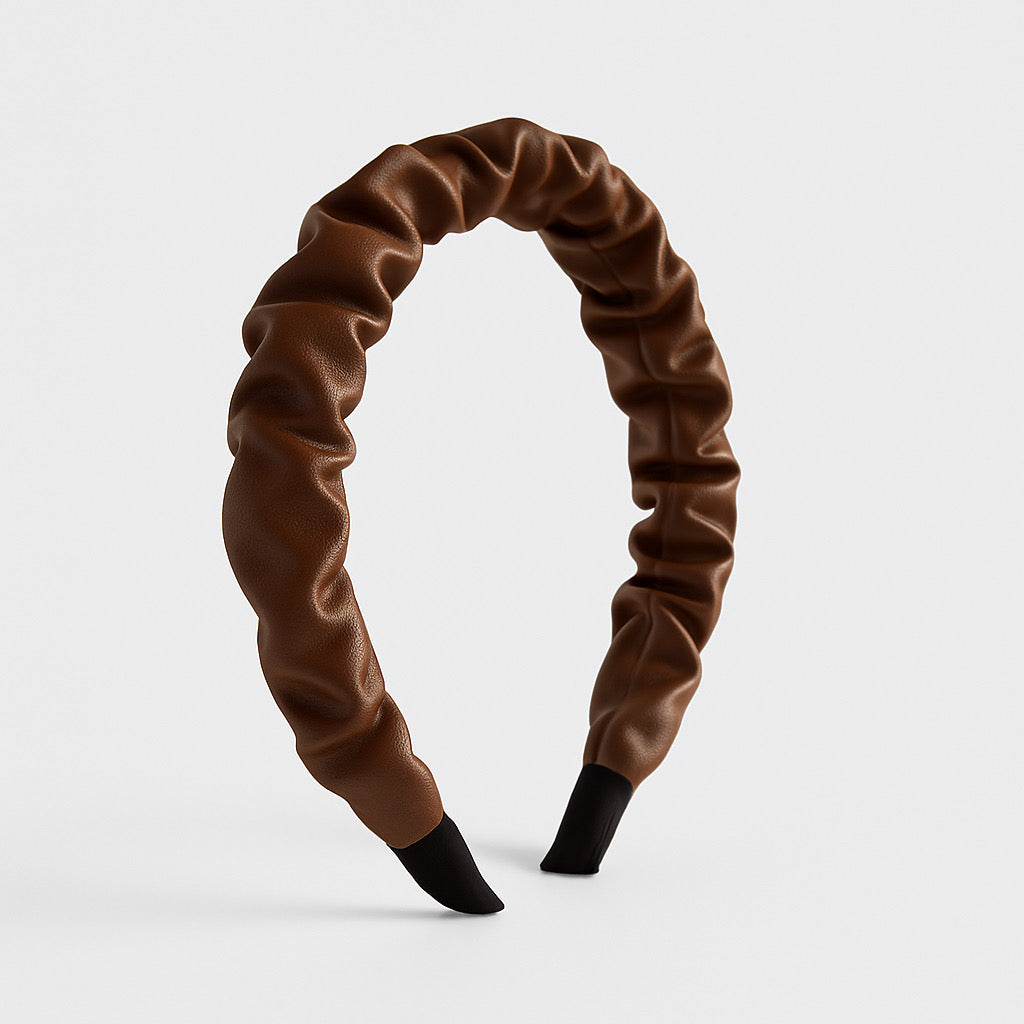 Elegant Chocolate Brown PU leather ruched headband by PaulaB standing angle 
