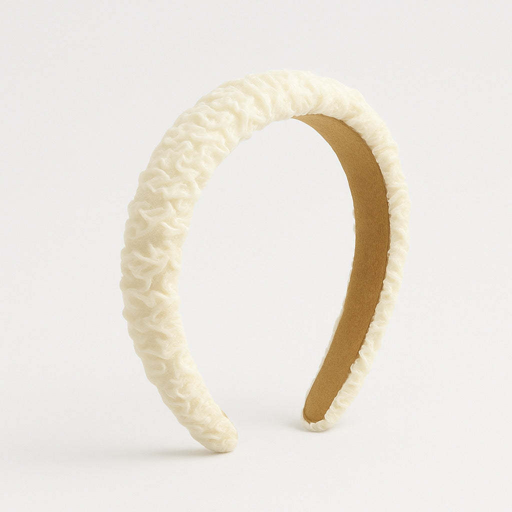 PaulaB cream chiffon headband angled product view on white bckground