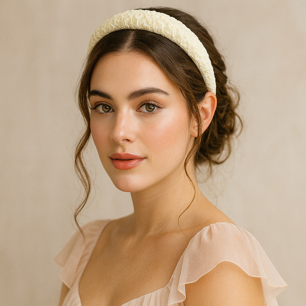 Model wearing PaulaB cream chiffon headband elegant hair accessory close-up