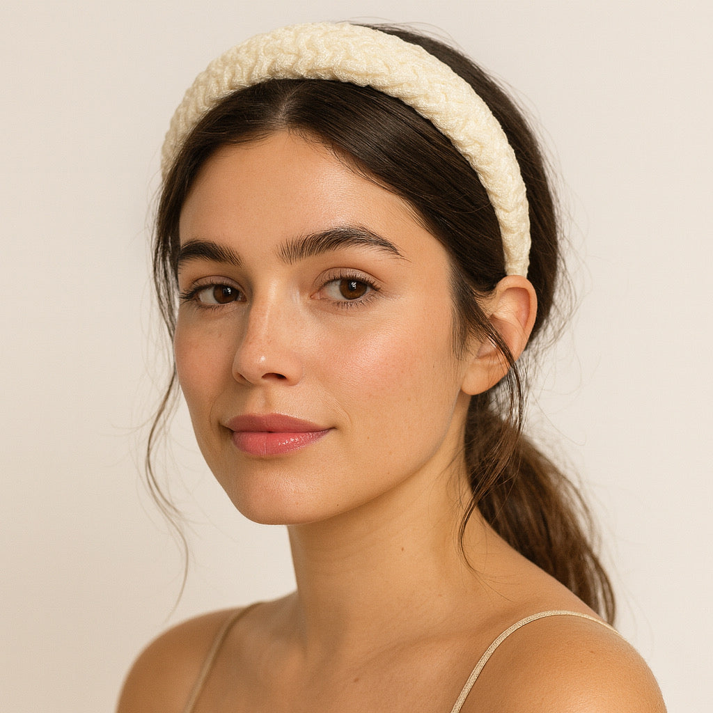 PaulaB cream chiffon headband side profile on model chic fashion accessory