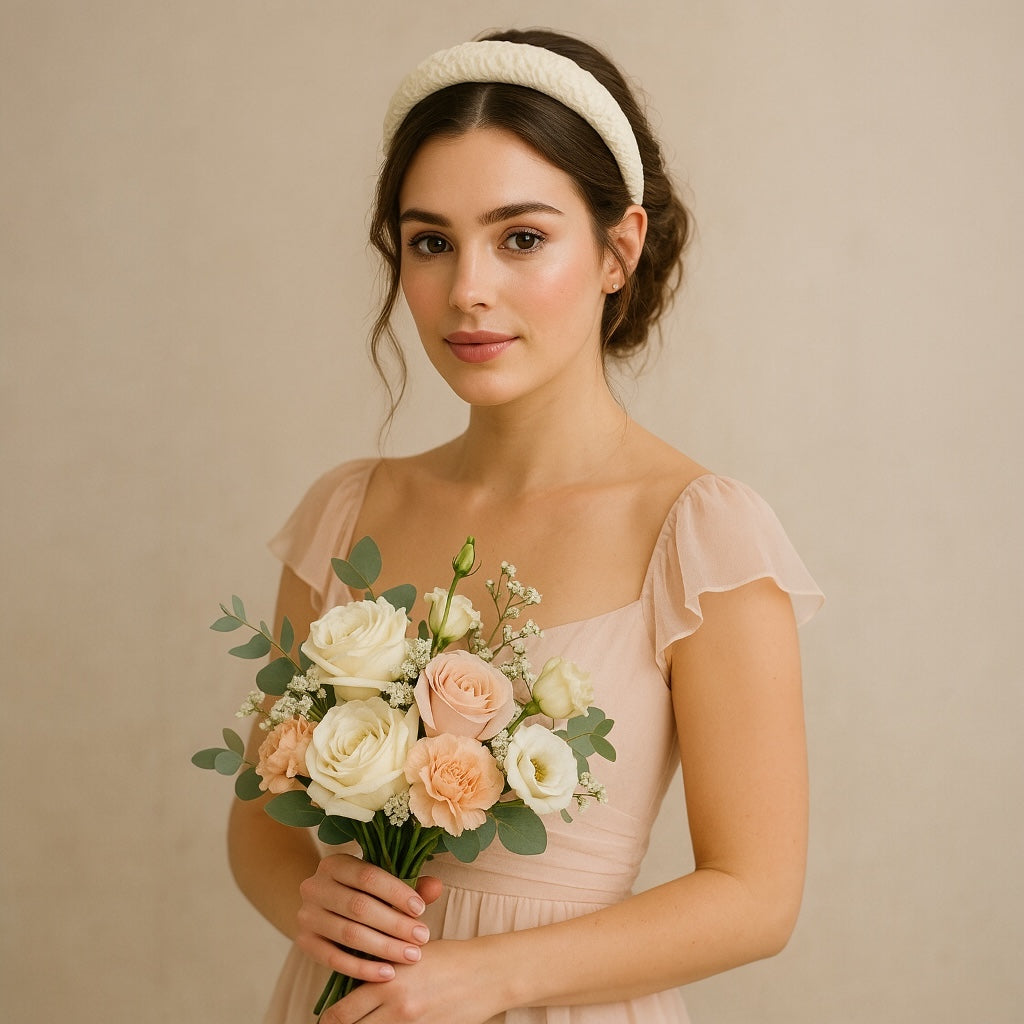 Bridal model wearing PaulaB cream chiffon headband with bouquet wedding hair accessory